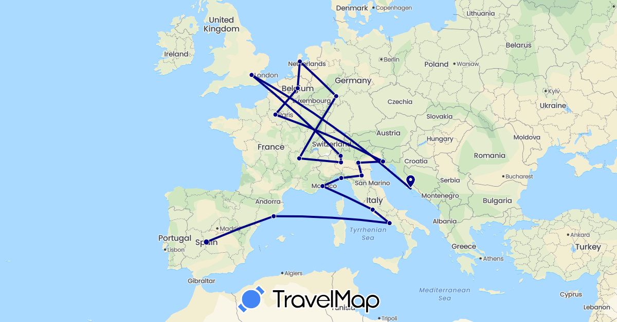 TravelMap itinerary: driving in Belgium, Germany, Spain, France, United Kingdom, Croatia, Italy, Netherlands, Slovenia (Europe)